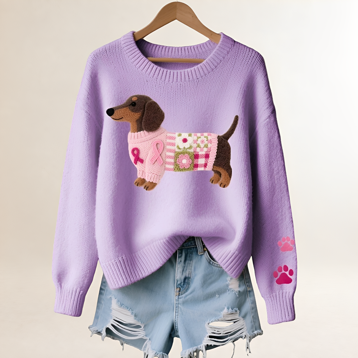 Suéter feminino com estampa de dachshund, decote V, caimento relaxado e patchwork divertido