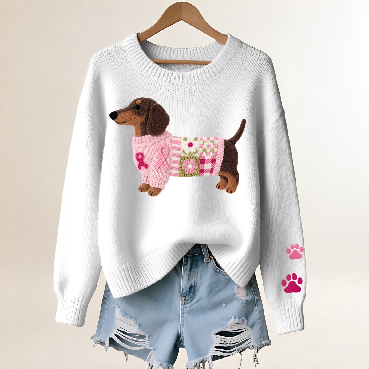 Suéter feminino com estampa de dachshund, decote V, caimento relaxado e patchwork divertido