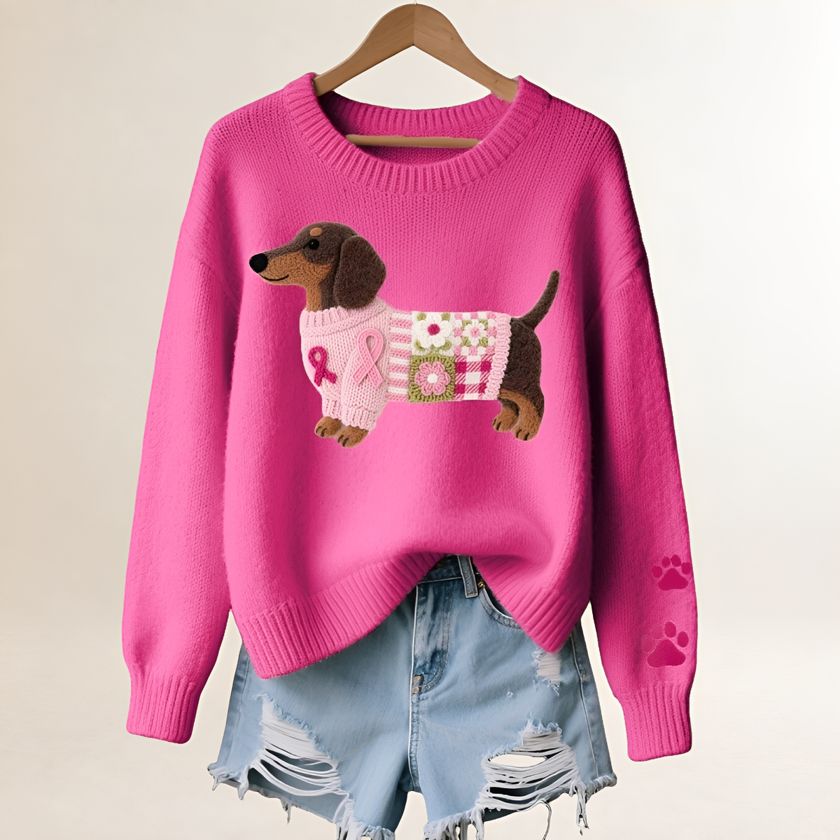 Suéter feminino com estampa de dachshund, decote V, caimento relaxado e patchwork divertido