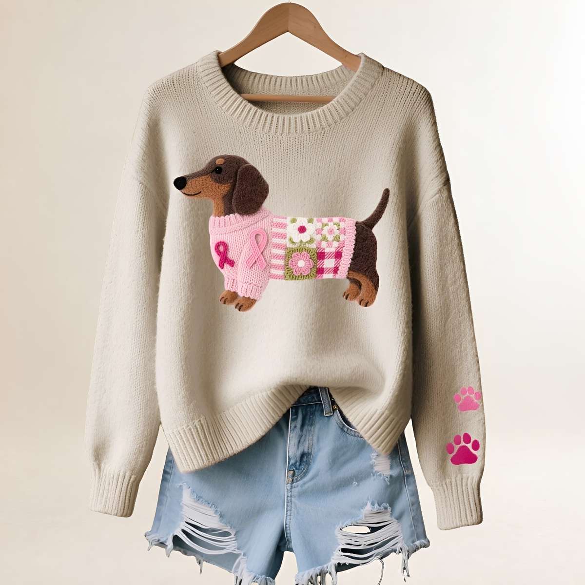 Suéter feminino com estampa de dachshund, decote V, caimento relaxado e patchwork divertido