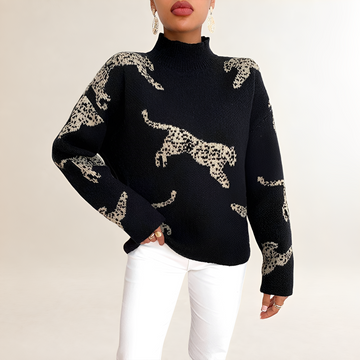 Suéter feminino de gola alta com estampa de leopardo e corte reto