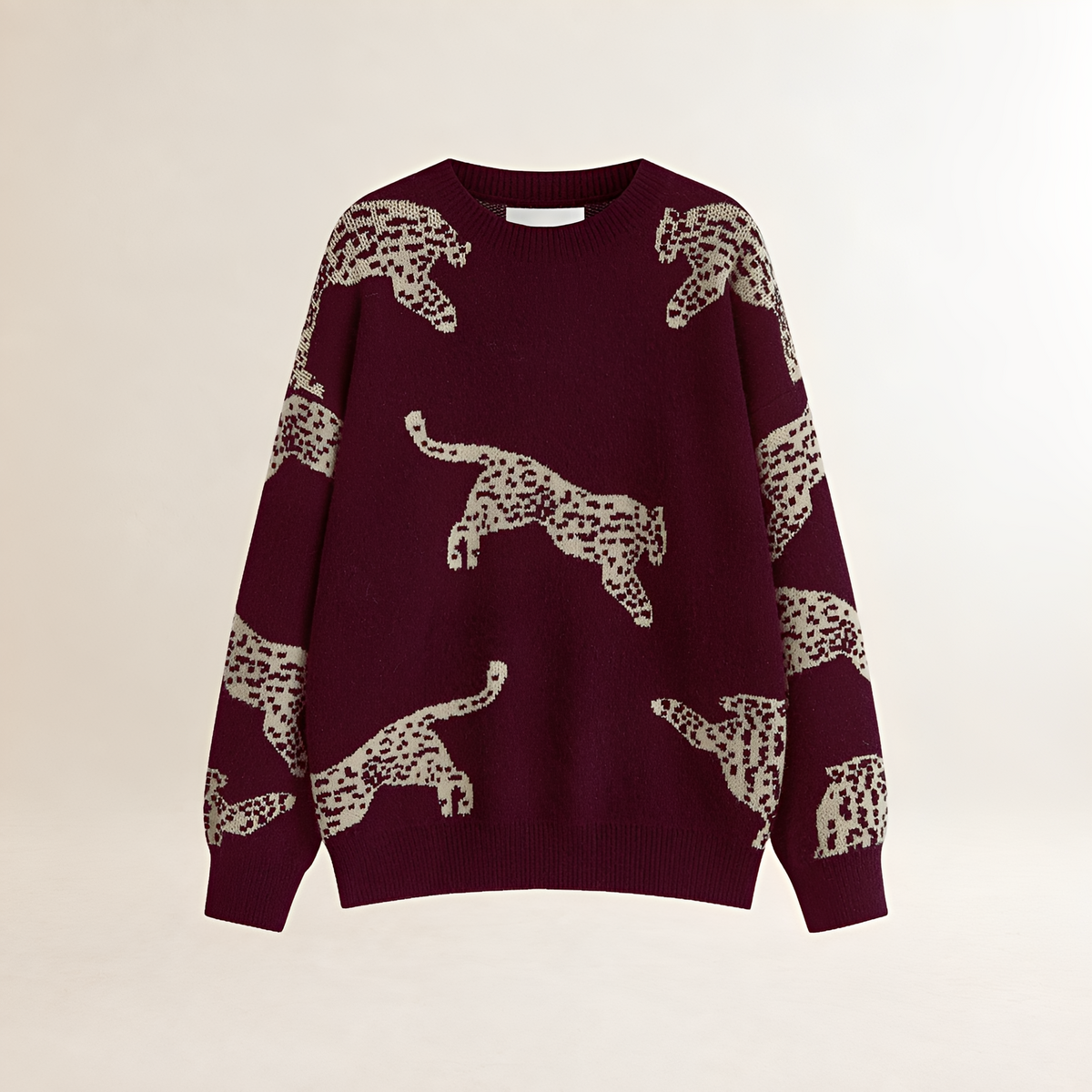 Suéter feminino de gola alta com estampa de leopardo e corte reto