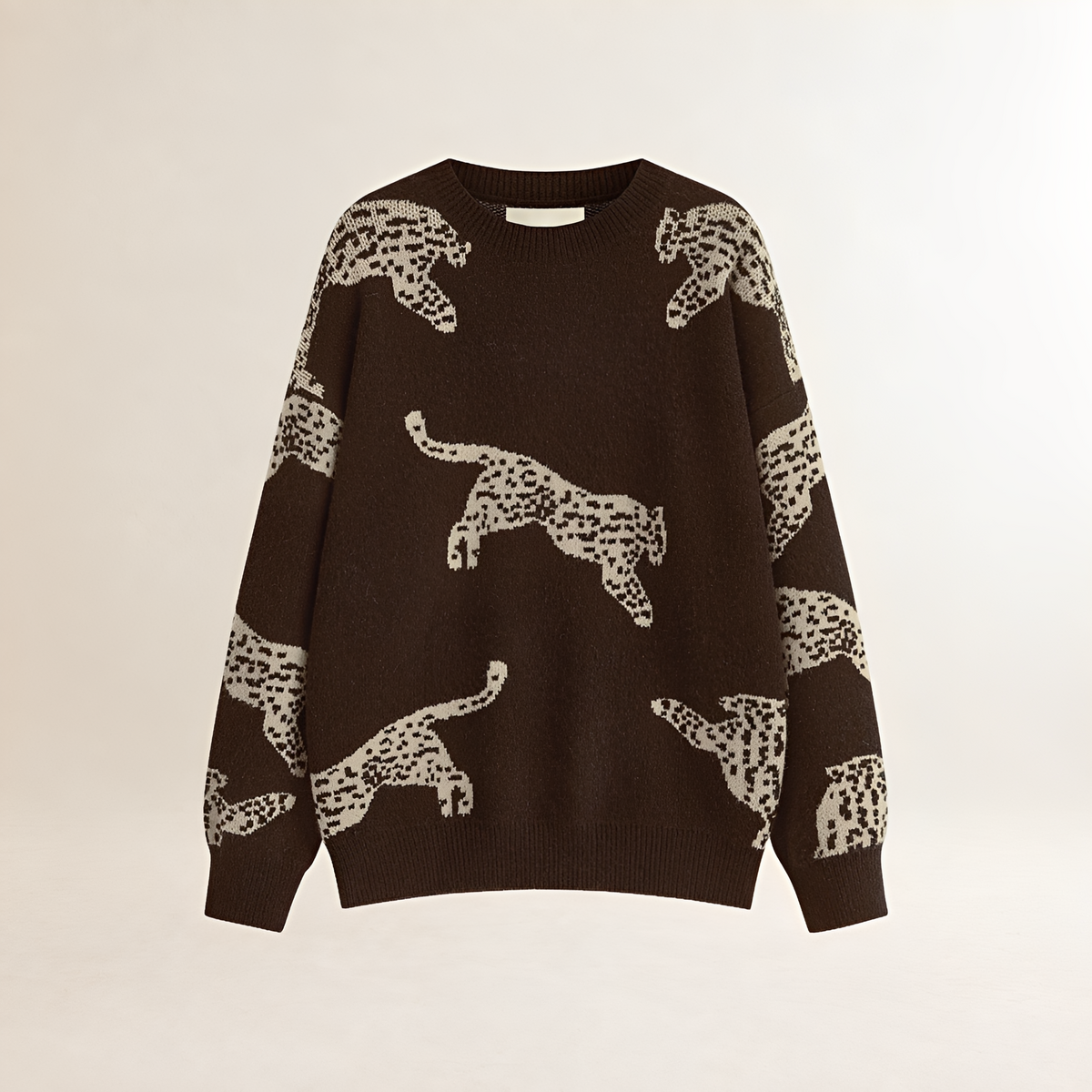 Suéter feminino de gola alta com estampa de leopardo e corte reto