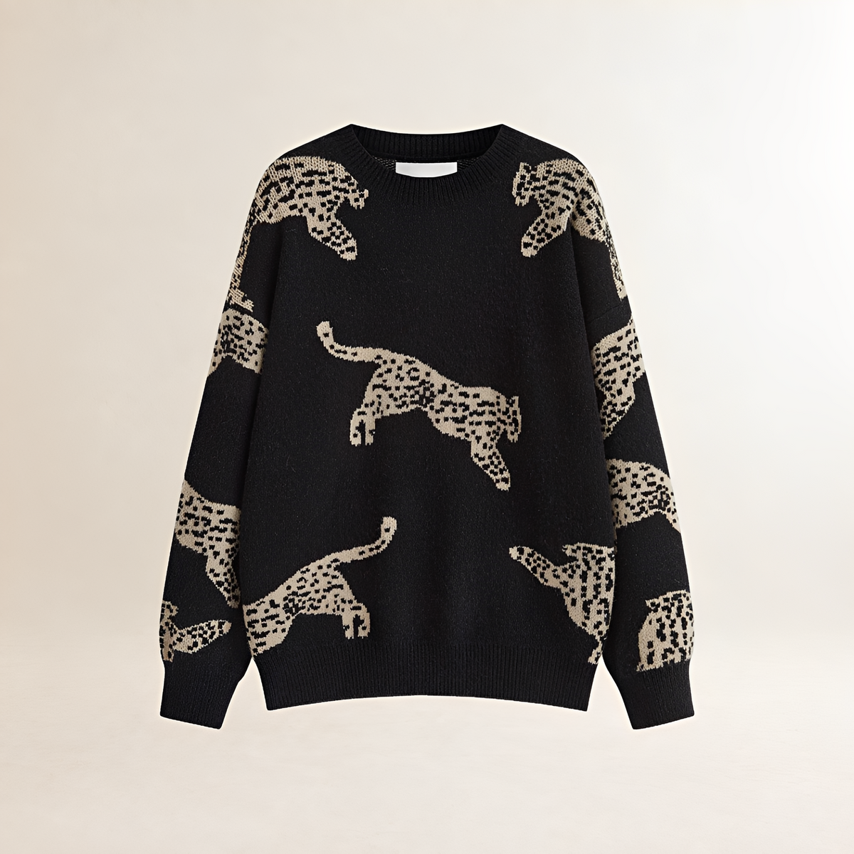 Suéter feminino de gola alta com estampa de leopardo e corte reto