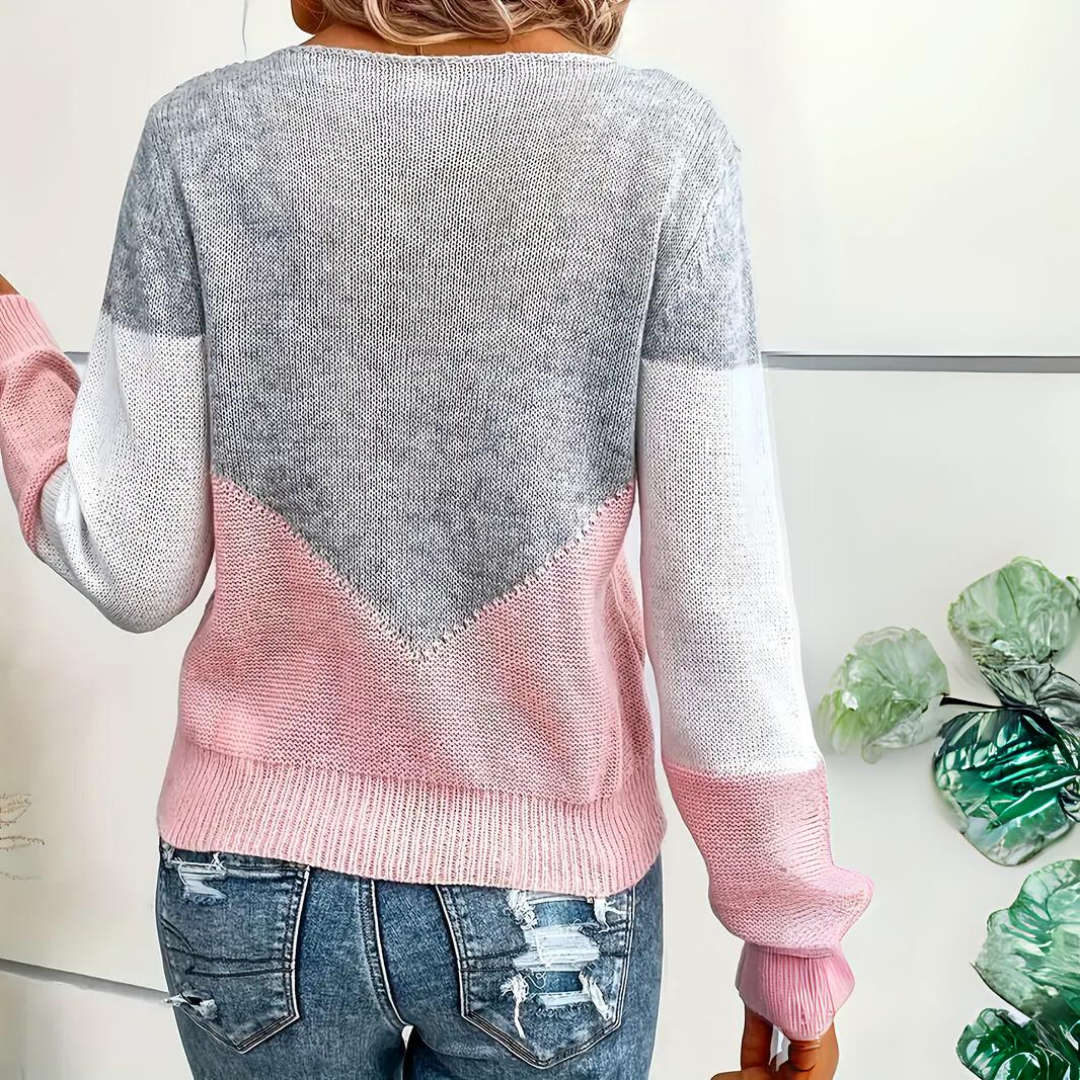 Suéter feminino de manga longa com decote escote V e design color block