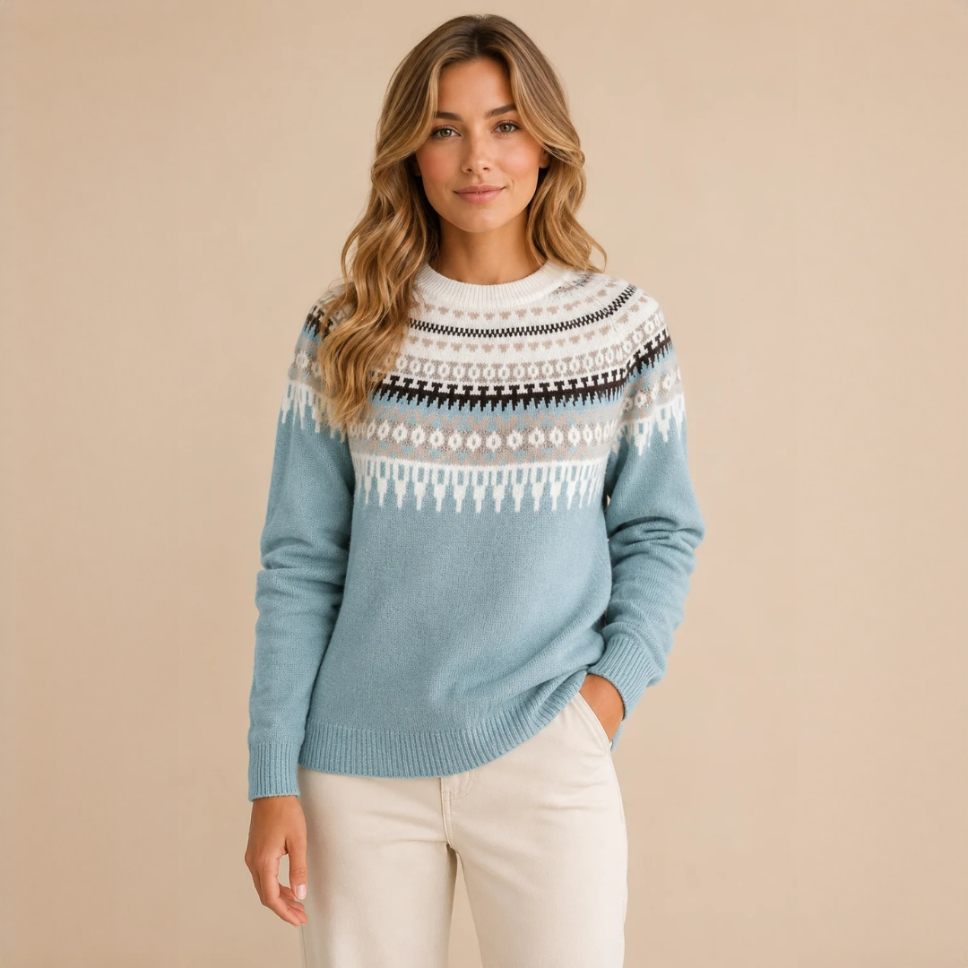 Suéter feminino de temporada gola alta com padrão decorativo e caimento relaxado