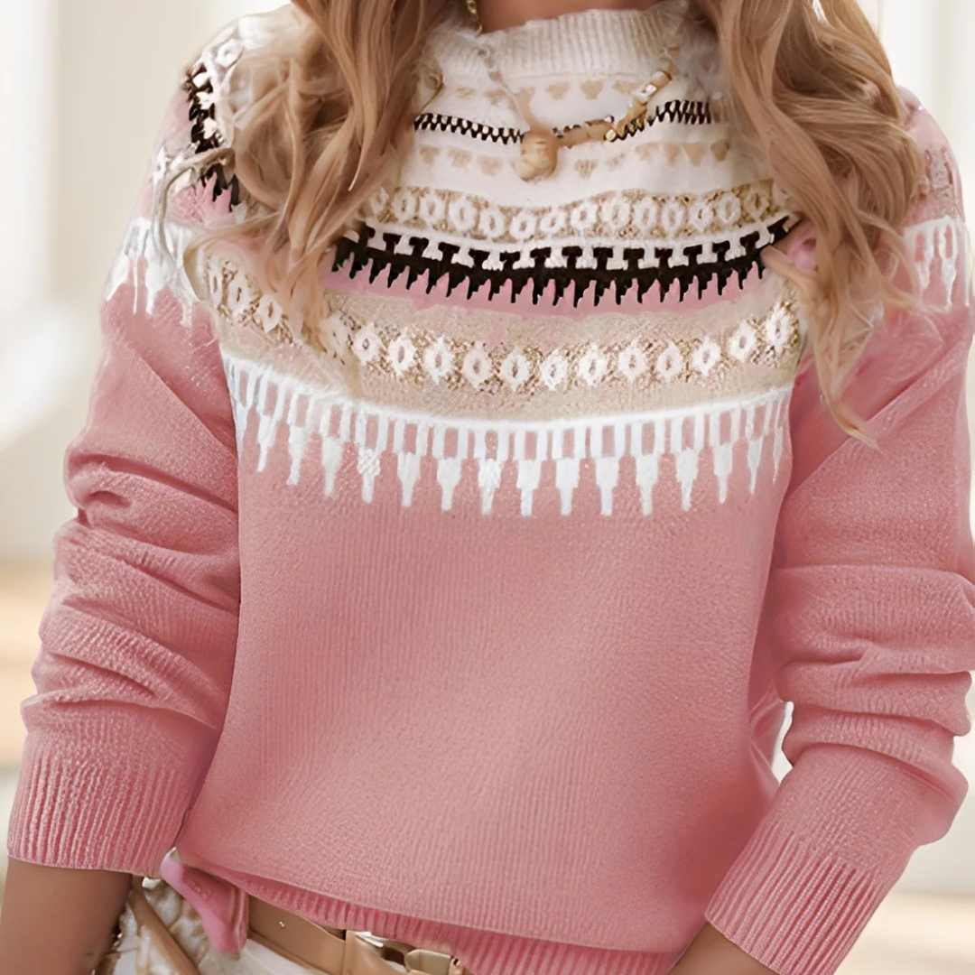 Suéter feminino de temporada gola alta com padrão decorativo e caimento relaxado