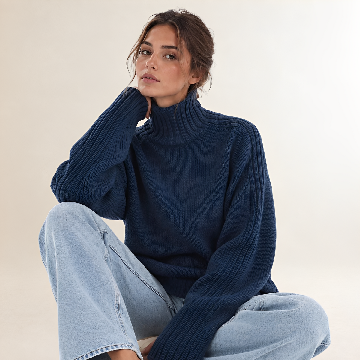 Suéter feminino gola alta manga longa ajuste regular textura riscada