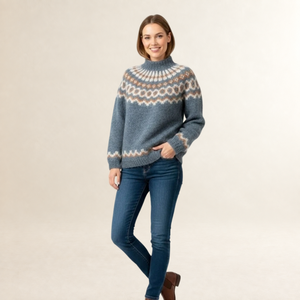 Suéter feminino - padrão nórdico, gola alta, caimento relaxado