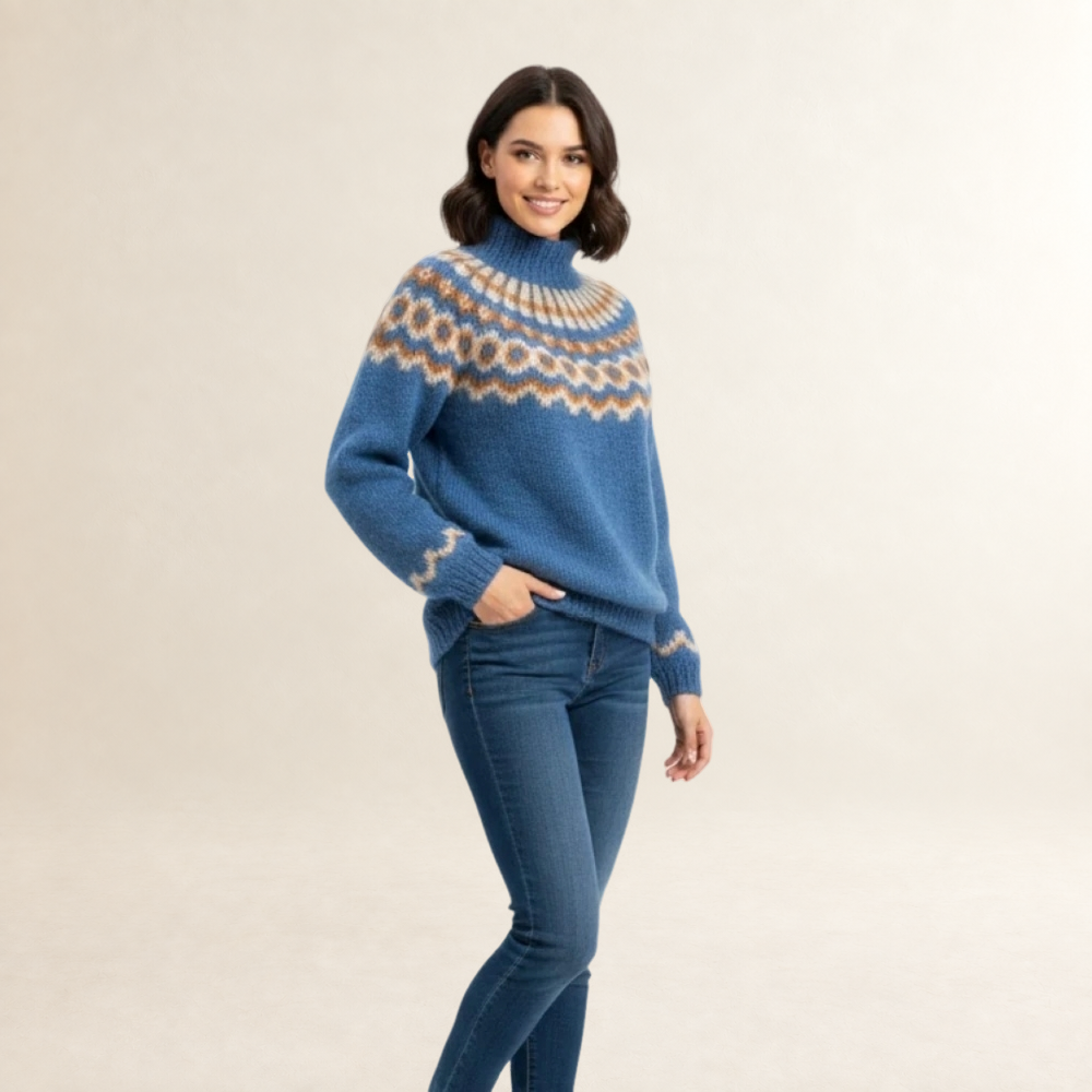Suéter feminino - padrão nórdico, gola alta, caimento relaxado