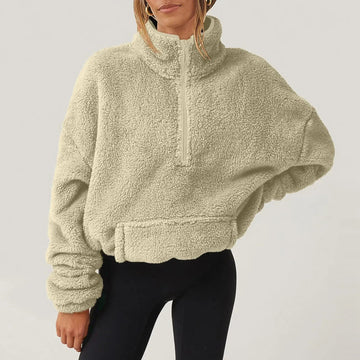 Suéter half-zip feminino de corte relaxado com gola alta e mangas longas
