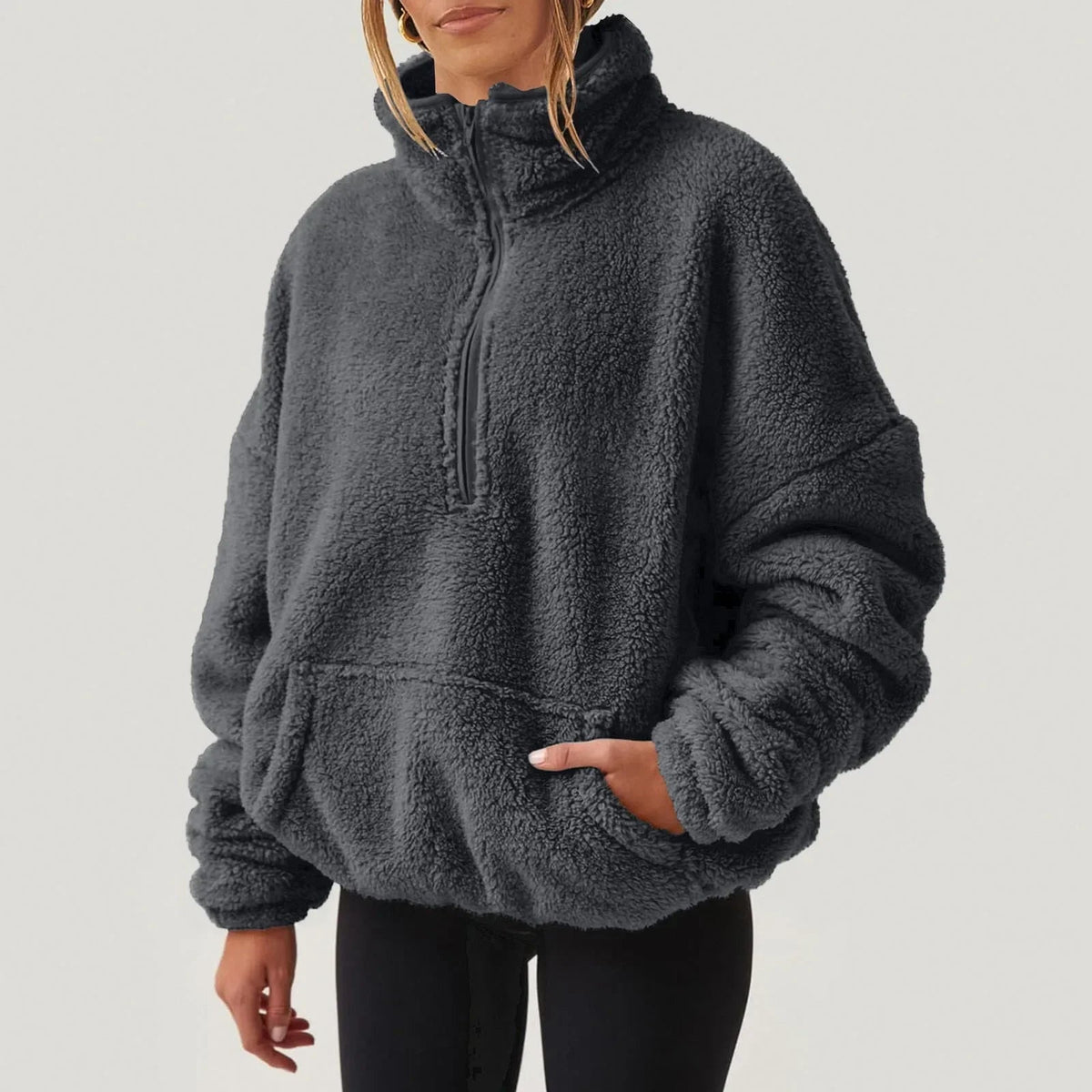 Suéter half-zip feminino de corte relaxado com gola alta e mangas longas