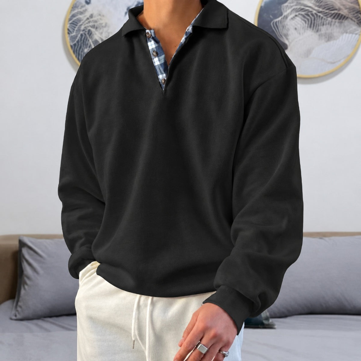 Suéter masculino com decote V - mangas longas e gola