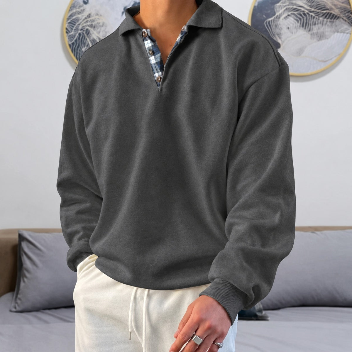 Suéter masculino com decote V - mangas longas e gola
