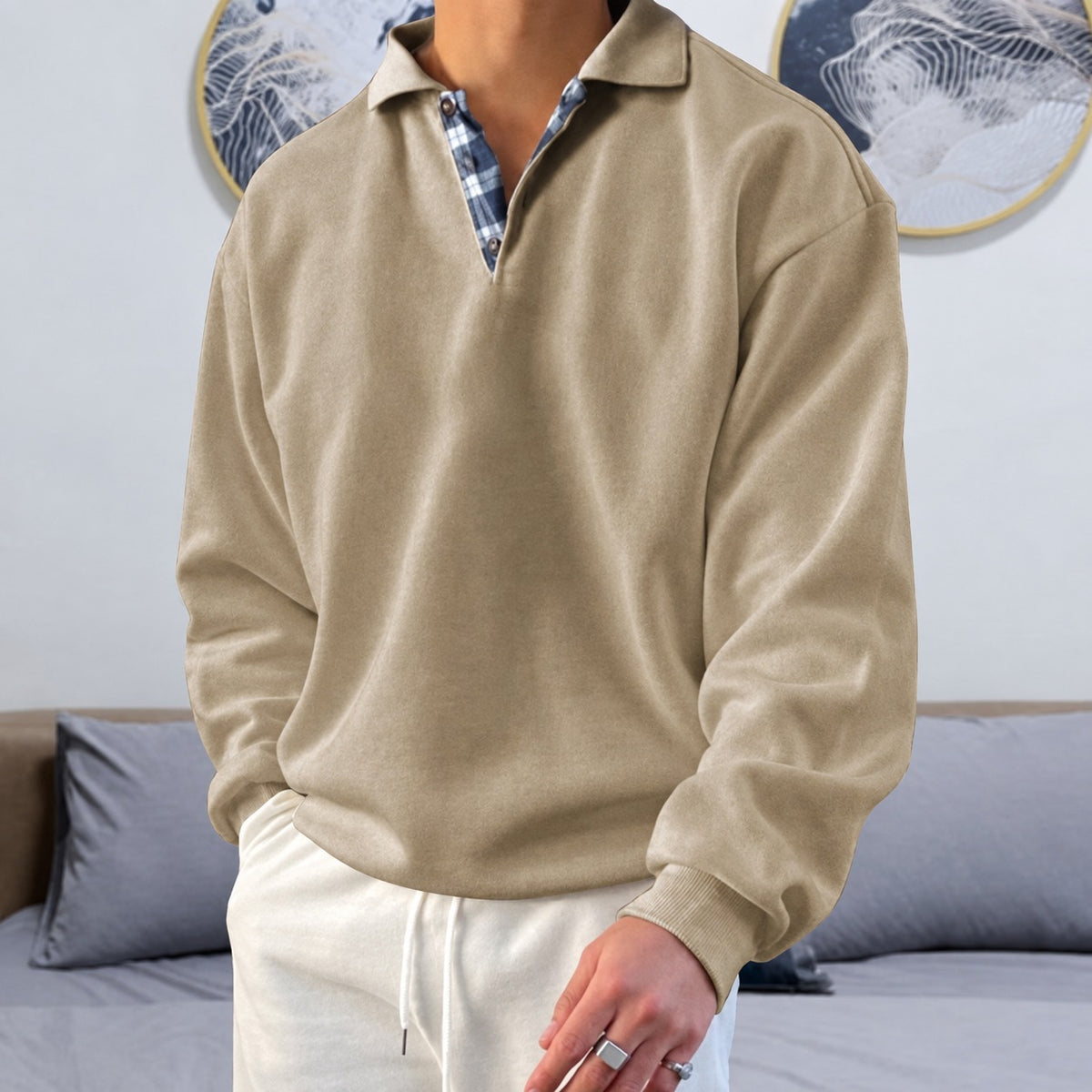 Suéter masculino com decote V - mangas longas e gola