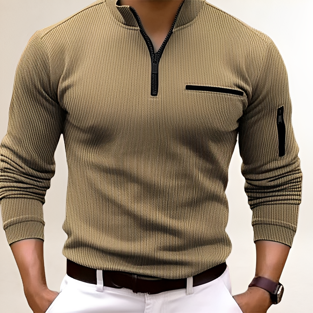 Suéter Masculino com Gola Zíper e Bolso no Peito - Estilo Slim Fit e Textura Ripada