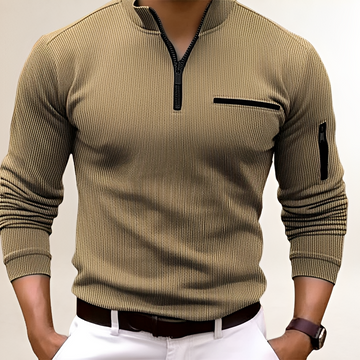 Suéter Masculino com Gola Zíper e Bolso no Peito - Estilo Slim Fit e Textura Ripada
