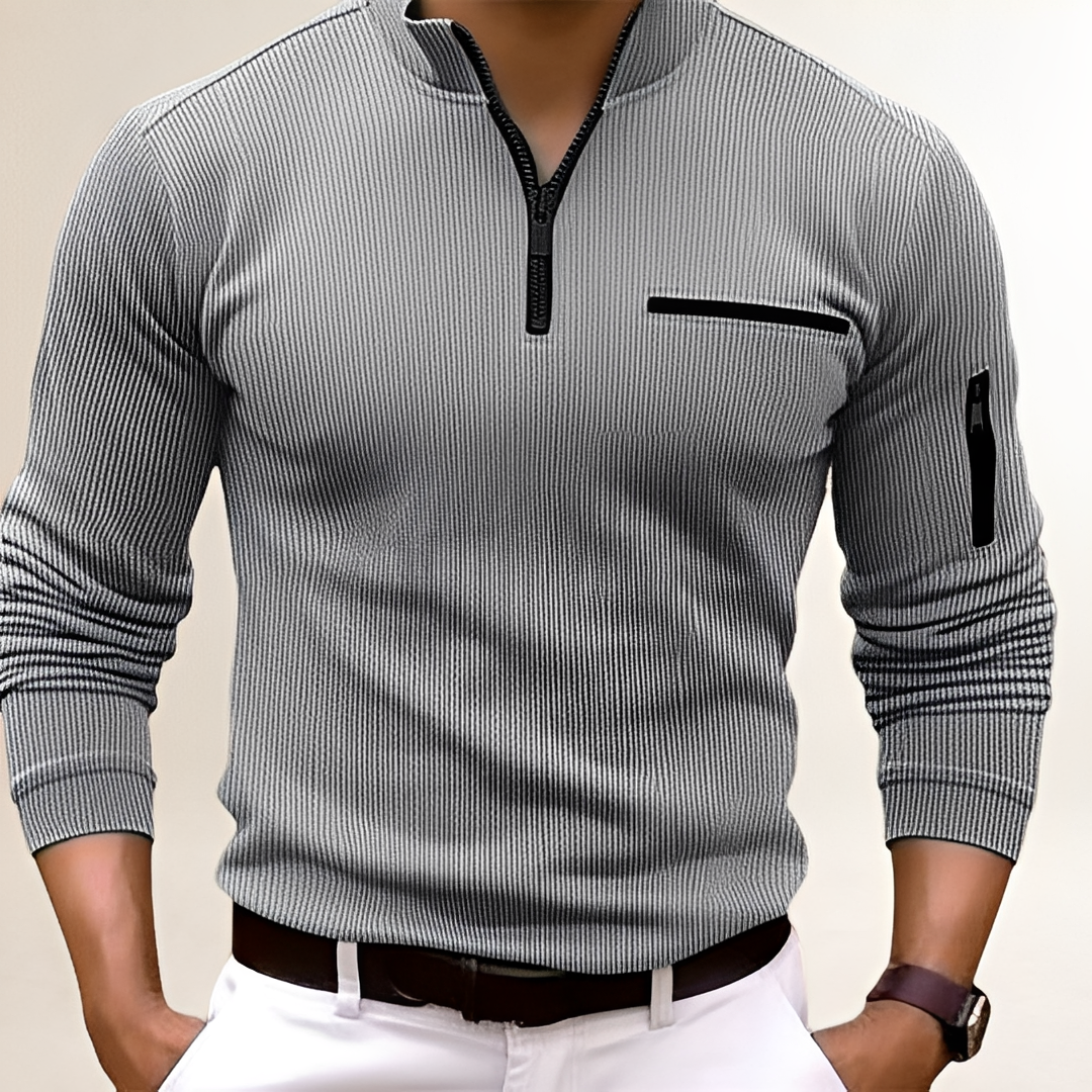 Suéter Masculino com Gola Zíper e Bolso no Peito - Estilo Slim Fit e Textura Ripada
