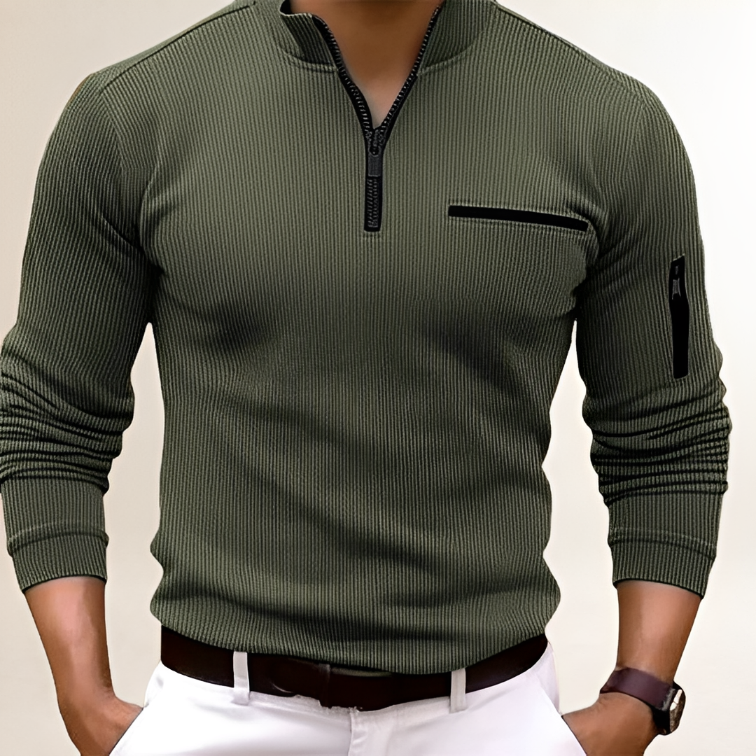 Suéter Masculino com Gola Zíper e Bolso no Peito - Estilo Slim Fit e Textura Ripada