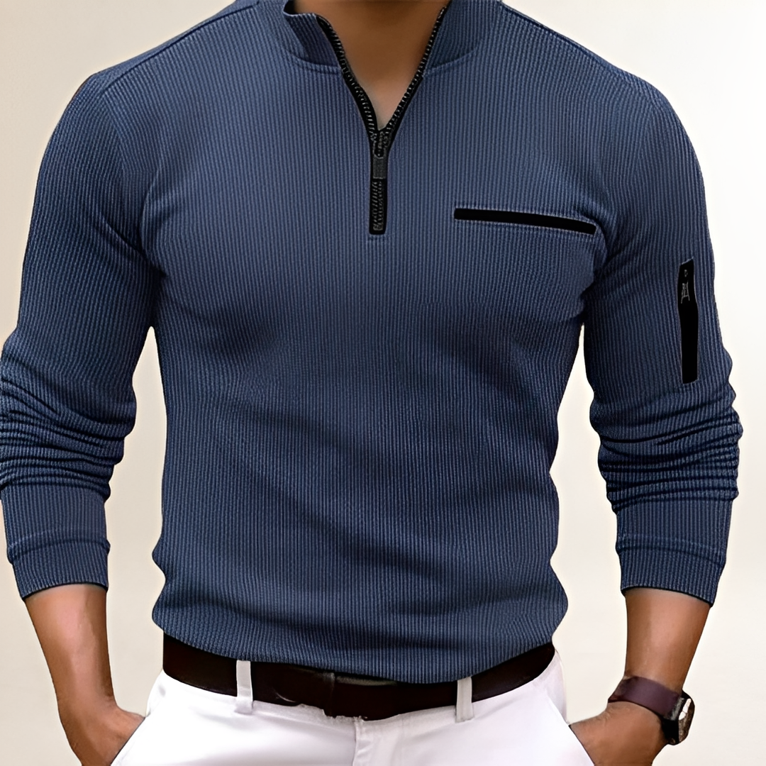 Suéter Masculino com Gola Zíper e Bolso no Peito - Estilo Slim Fit e Textura Ripada