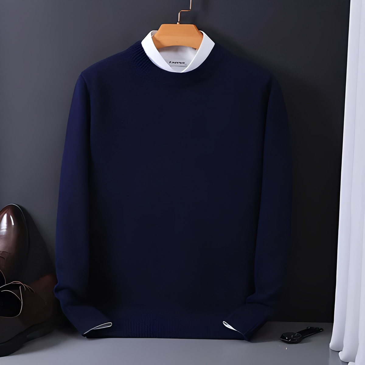 Suéter Masculino de Gola Canto Bloco Cintura Reta Manga Longa - Casaco de Frente Pullover