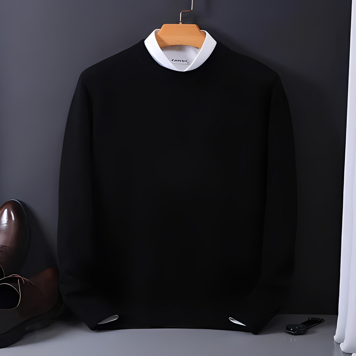Suéter Masculino de Gola Canto Bloco Cintura Reta Manga Longa - Casaco de Frente Pullover