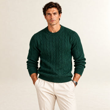 Suéter masculino de gola redonda com ajuste slim fit, punhos elásticos e padronagem texturizada
