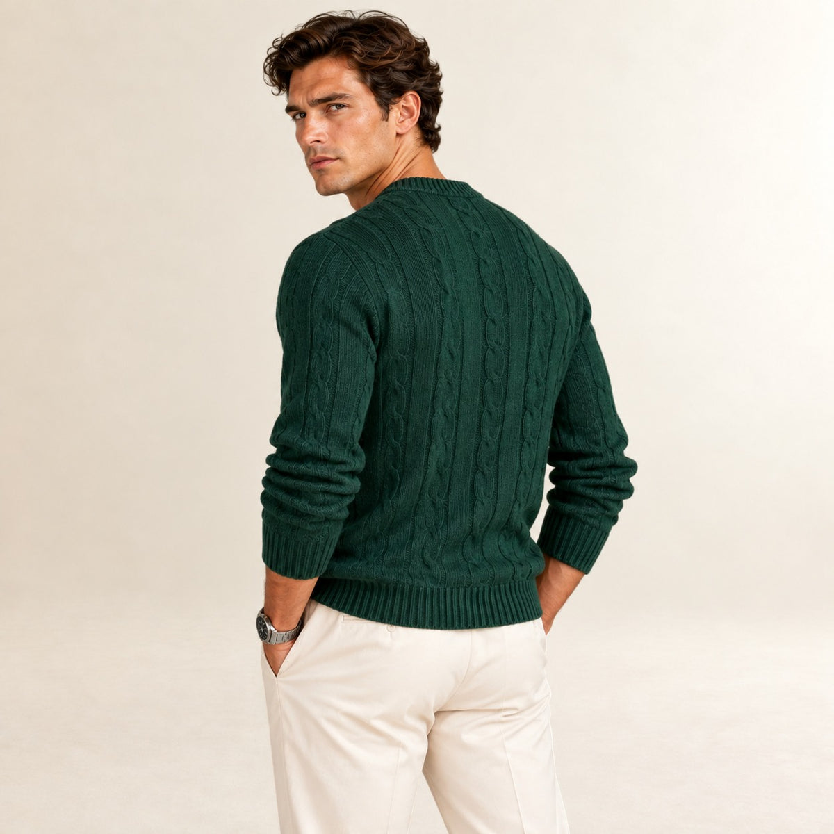 Suéter masculino de gola redonda com ajuste slim fit, punhos elásticos e padronagem texturizada