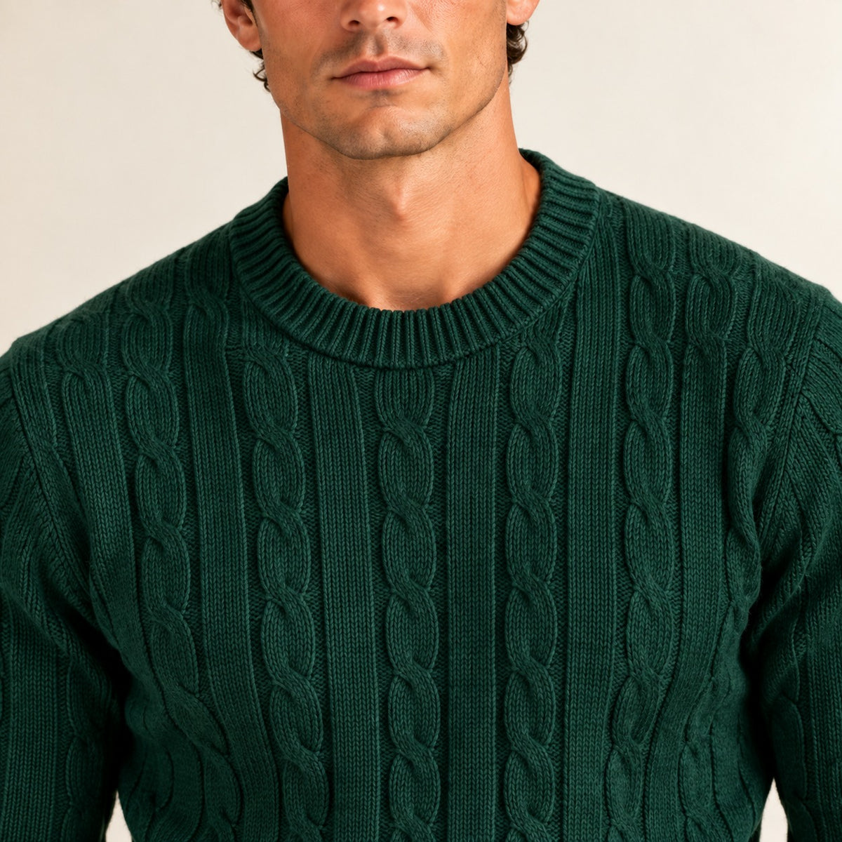 Suéter masculino de gola redonda com ajuste slim fit, punhos elásticos e padronagem texturizada