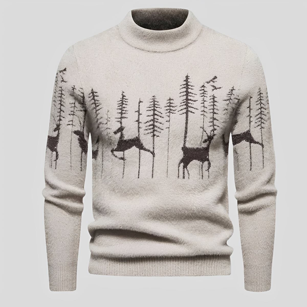 Suéter masculino de inverno com estampa de Natal, padrão de cervos e floresta, caimento regular
