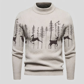 Suéter masculino de inverno com estampa de Natal, padrão de cervos e floresta, caimento regular