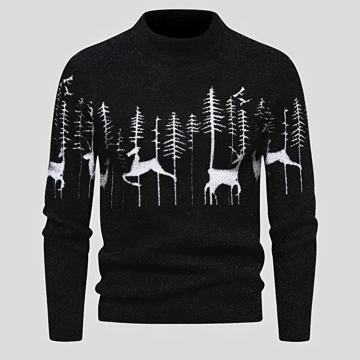 Suéter masculino de inverno com estampa de Natal, padrão de cervos e floresta, caimento regular