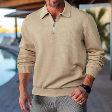 Suéter masculino de manga longa com fechamento em zíper e gola polo com padrão geométrico