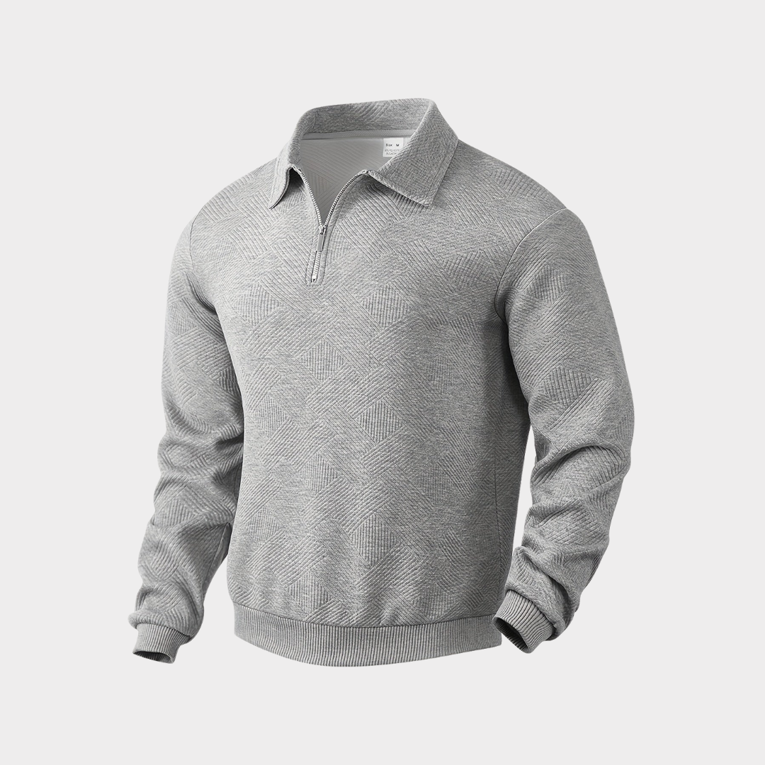 Suéter masculino de manga longa com fechamento em zíper e gola polo com padrão geométrico