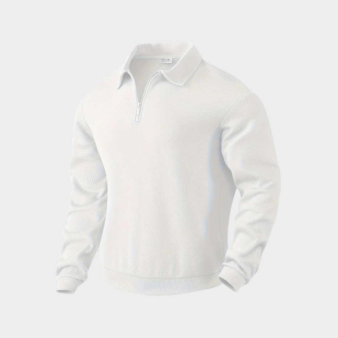 Suéter masculino de manga longa com fechamento em zíper e gola polo com padrão geométrico