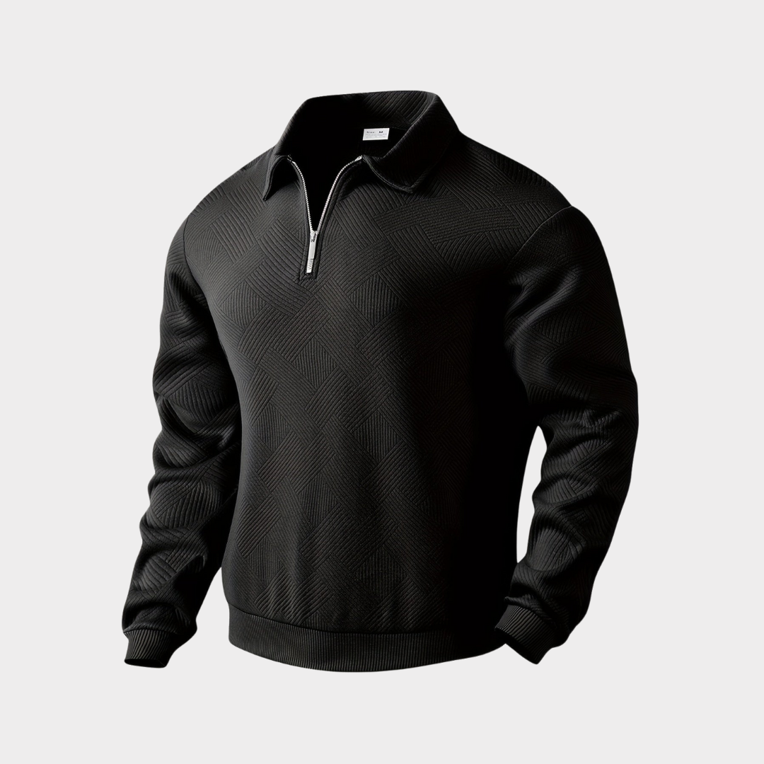Suéter masculino de manga longa com fechamento em zíper e gola polo com padrão geométrico