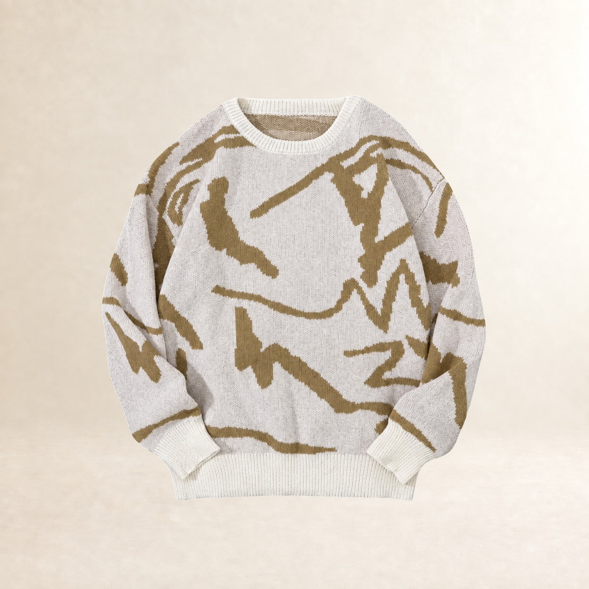 Suéter masculino de tricô com padrão abstrato, gola careca, punhos canelados e corte regular