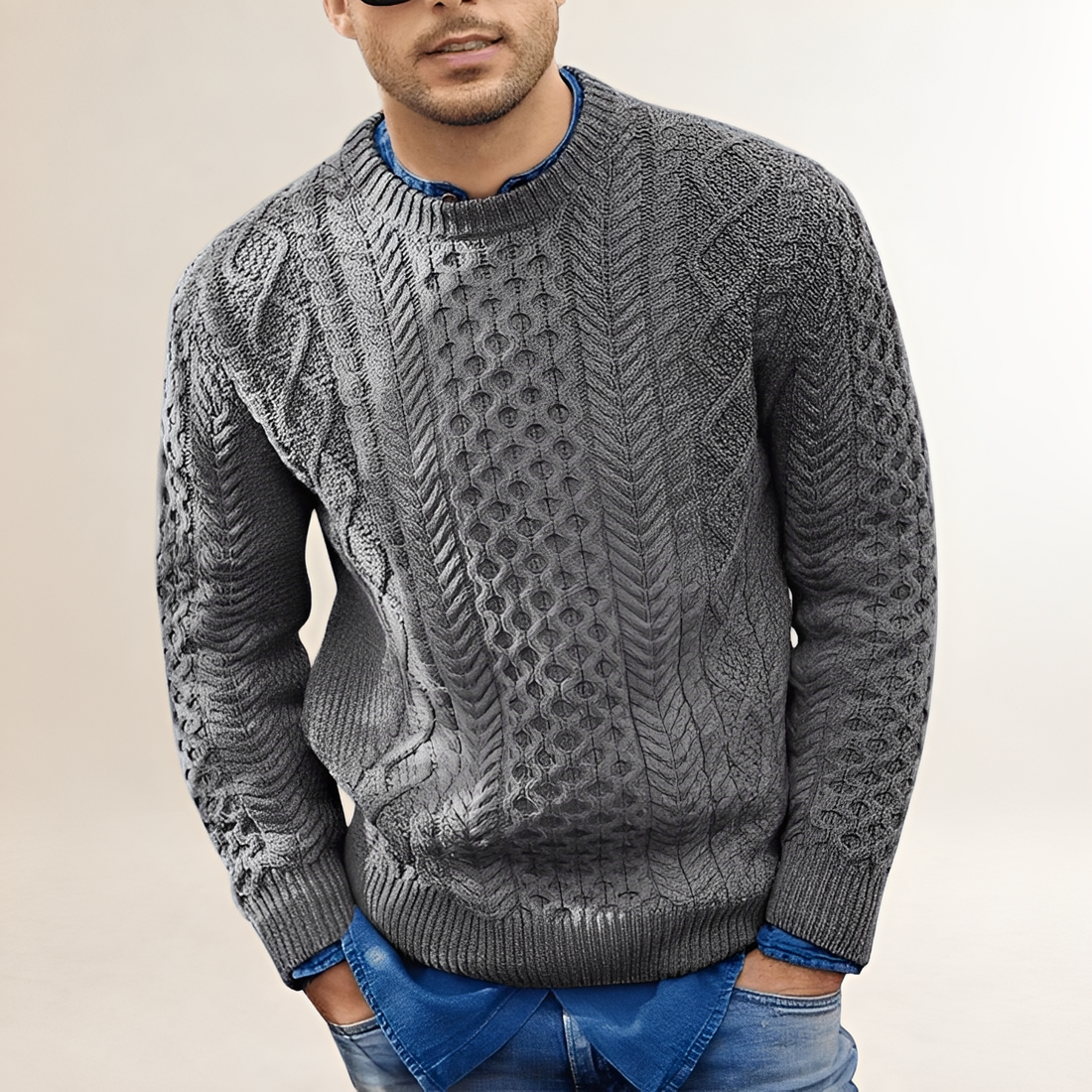Suéter masculino de tricô com textura, gola careca e corte regular