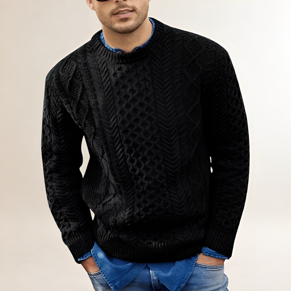 Suéter masculino de tricô com textura, gola careca e corte regular