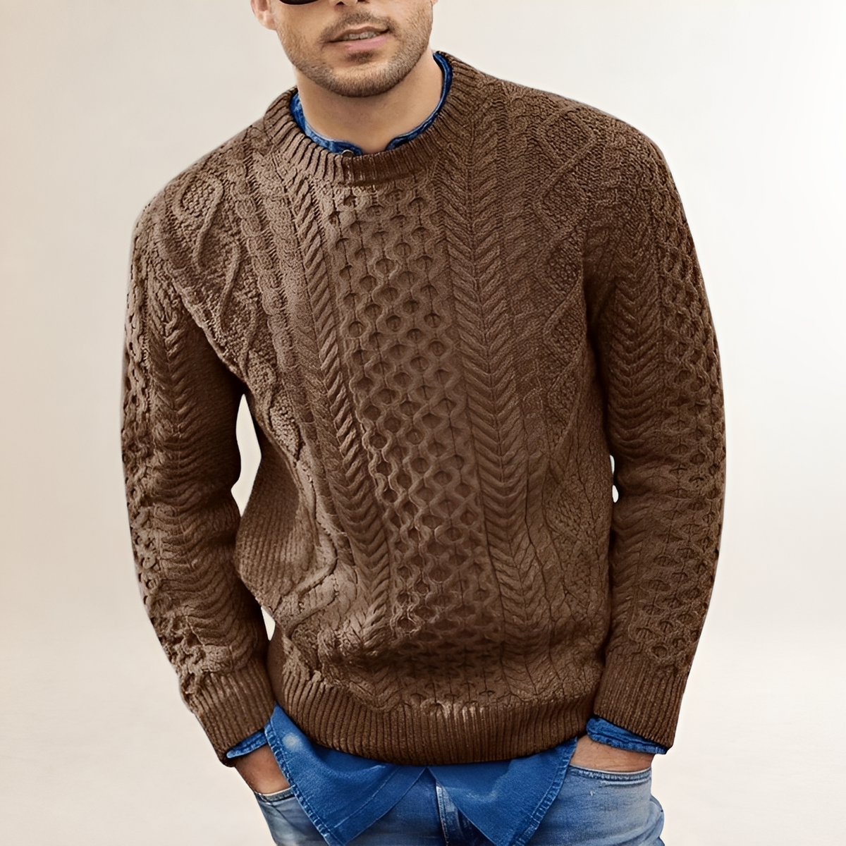 Suéter masculino de tricô com textura, gola careca e corte regular