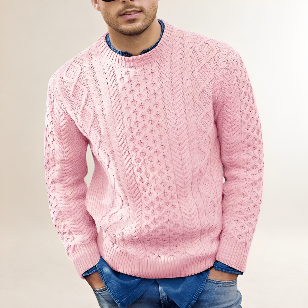 Suéter masculino de tricô com textura, gola careca e corte regular