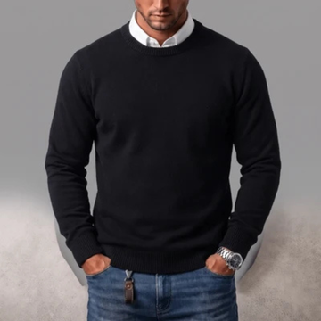 Suéter masculino gola careca manga longa com punhos e barra canelados, ajuste regular