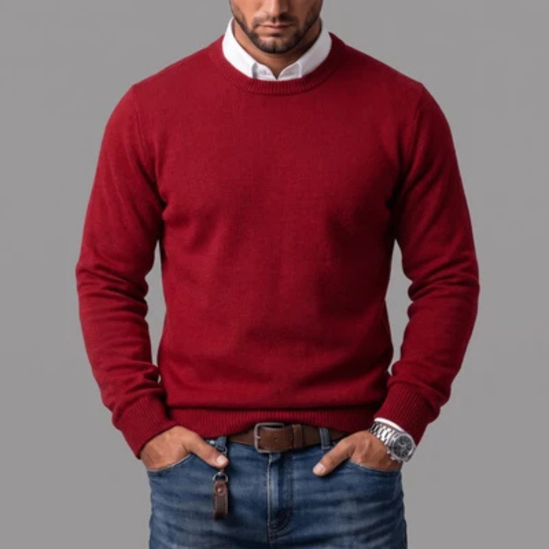 Suéter masculino gola careca manga longa com punhos e barra canelados, ajuste regular
