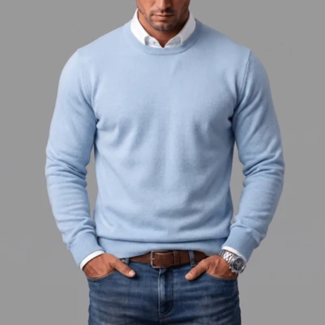 Suéter masculino gola careca manga longa com punhos e barra canelados, ajuste regular