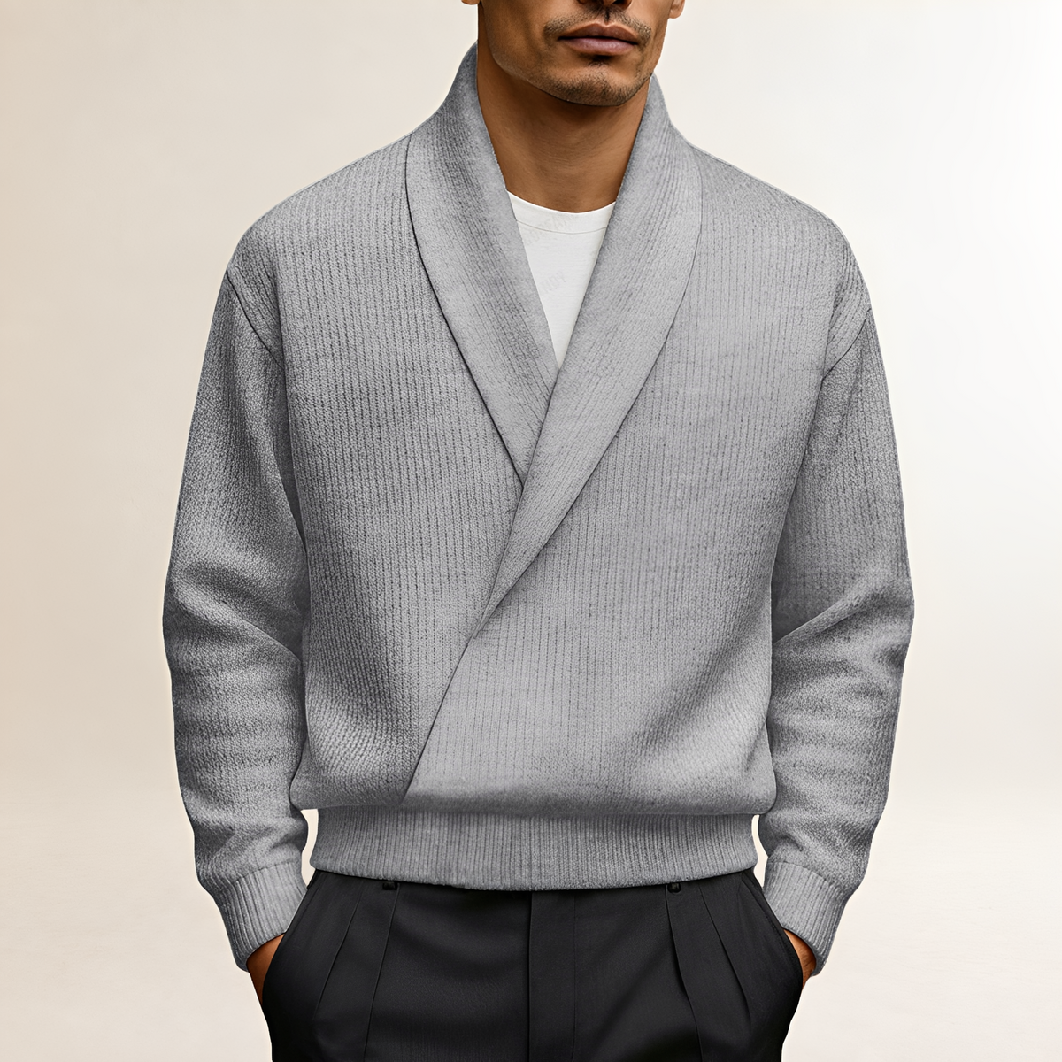 Suéter masculino - Gola xale com design envolvente mangas longas corte assimétrico
