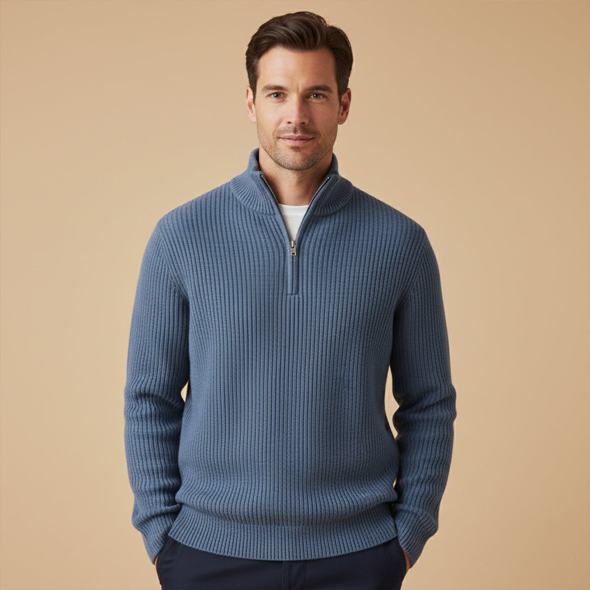 Suéter masculino meia-zíper textura canelada ajuste relaxado
