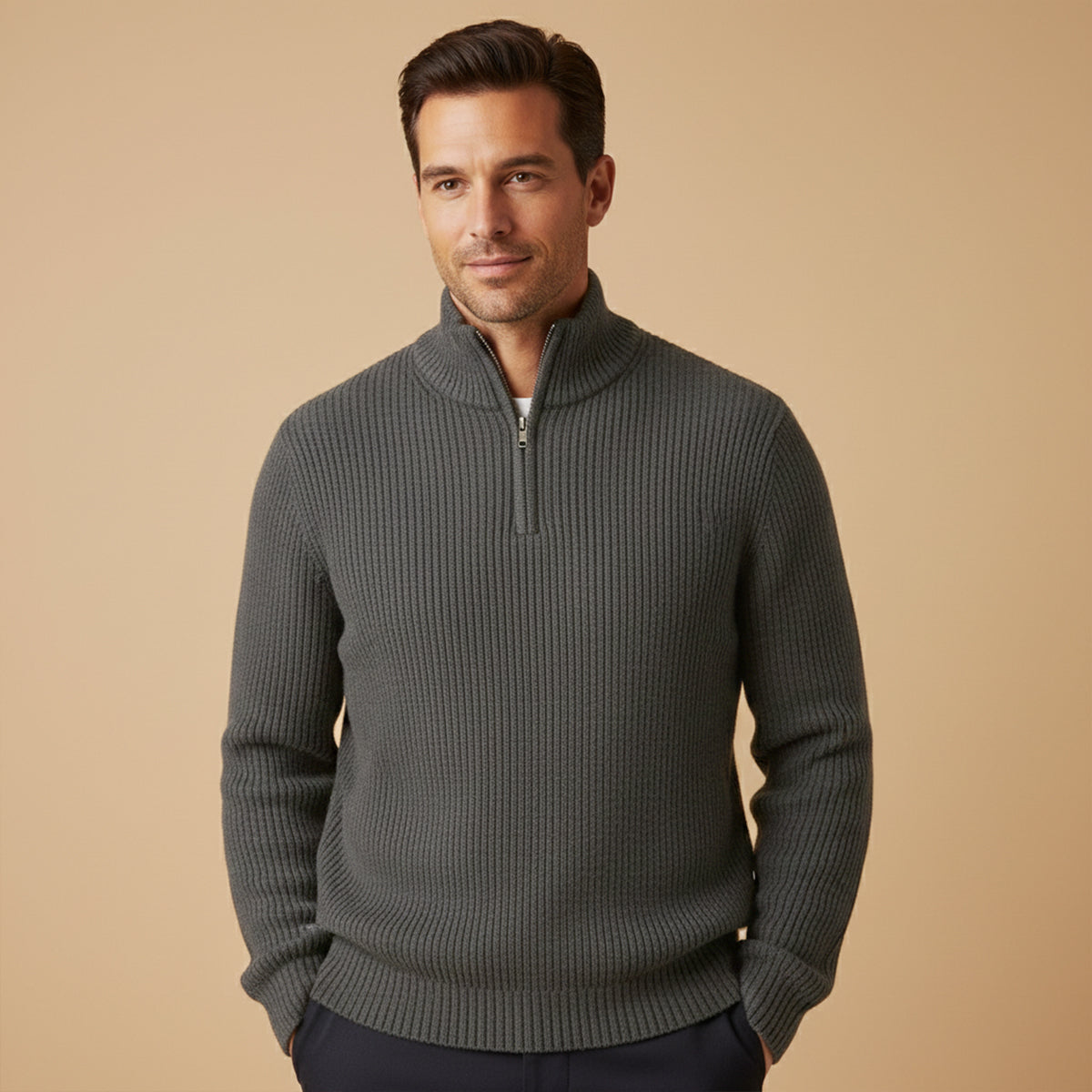 Suéter masculino meia-zíper textura canelada ajuste relaxado
