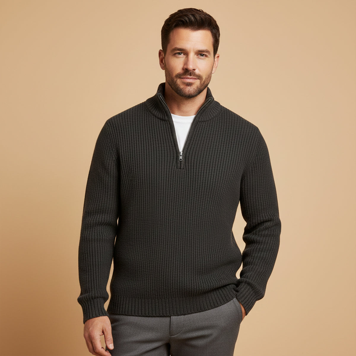 Suéter masculino meia-zíper textura canelada ajuste relaxado