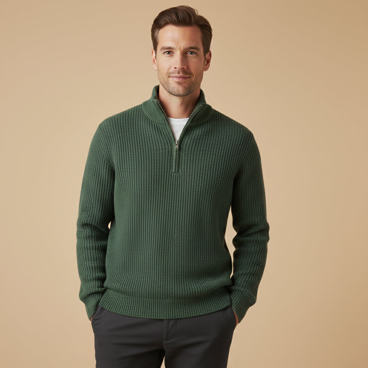 Suéter masculino meia-zíper textura canelada ajuste relaxado