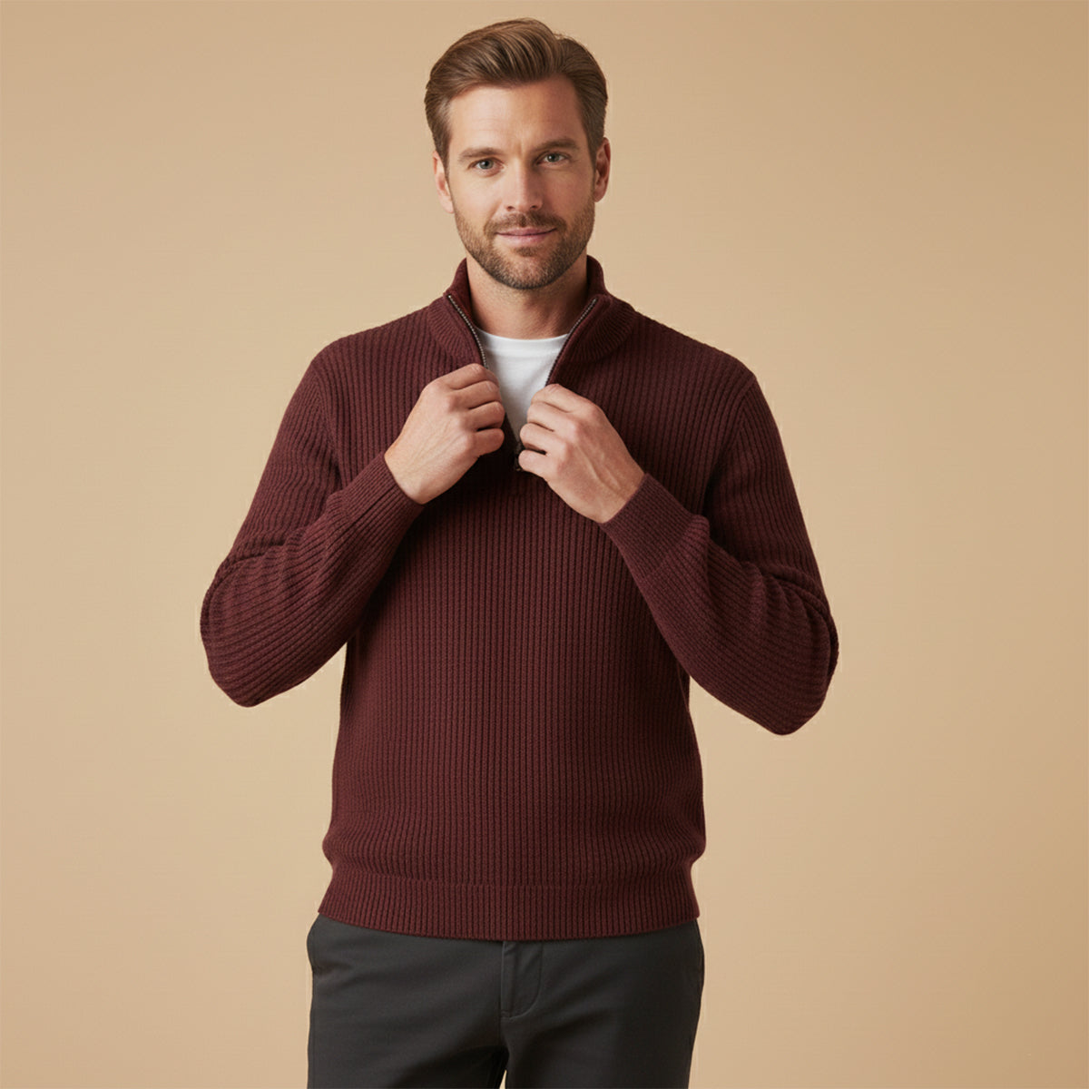 Suéter masculino meia-zíper textura canelada ajuste relaxado